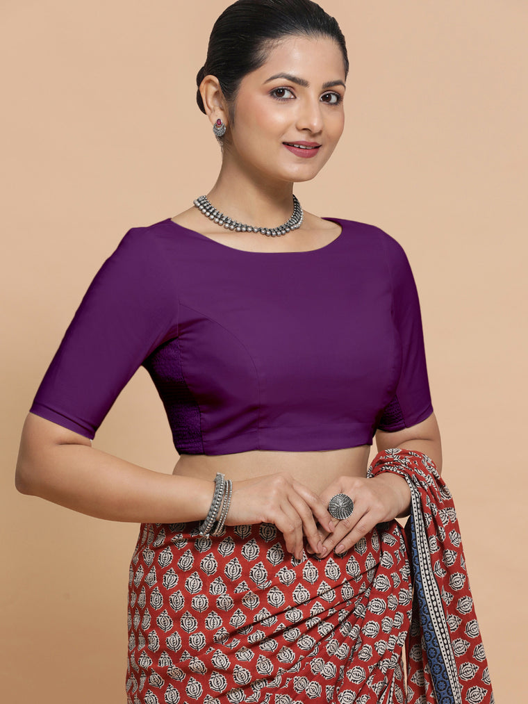 Kumud x Rozaana Saree Blouse, in Purple Cotton, featuring elbow sleeves and boat neckline, made for daily & work.