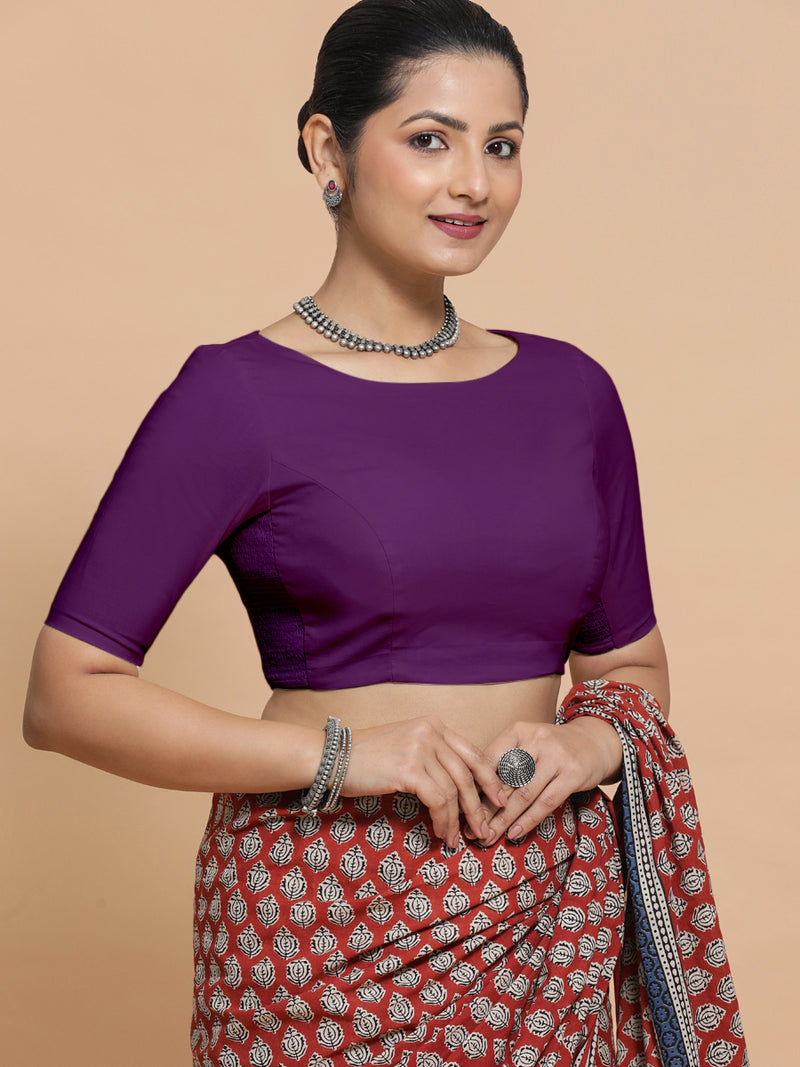 Kumud x Rozaana | Boat Neck Magenta Bliss Plain Cotton Saree Blouse-Binks