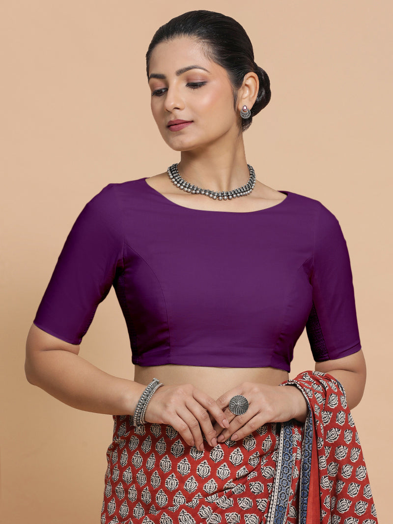 Kumud x Rozaana | Boat Neck Magenta Bliss Plain Cotton Saree Blouse-Binks