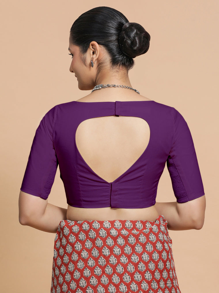 Kumud x Rozaana Saree Blouse, in Purple Cotton, featuring elbow sleeves and boat neckline, made for daily & work (view 2).