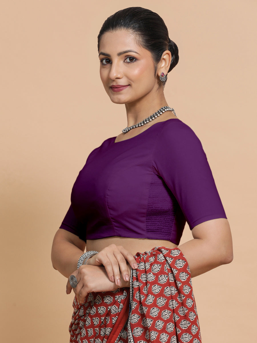 Kumud x Rozaana Saree Blouse, in Purple Cotton, featuring elbow sleeves and boat neckline, made for daily & work (view 7).