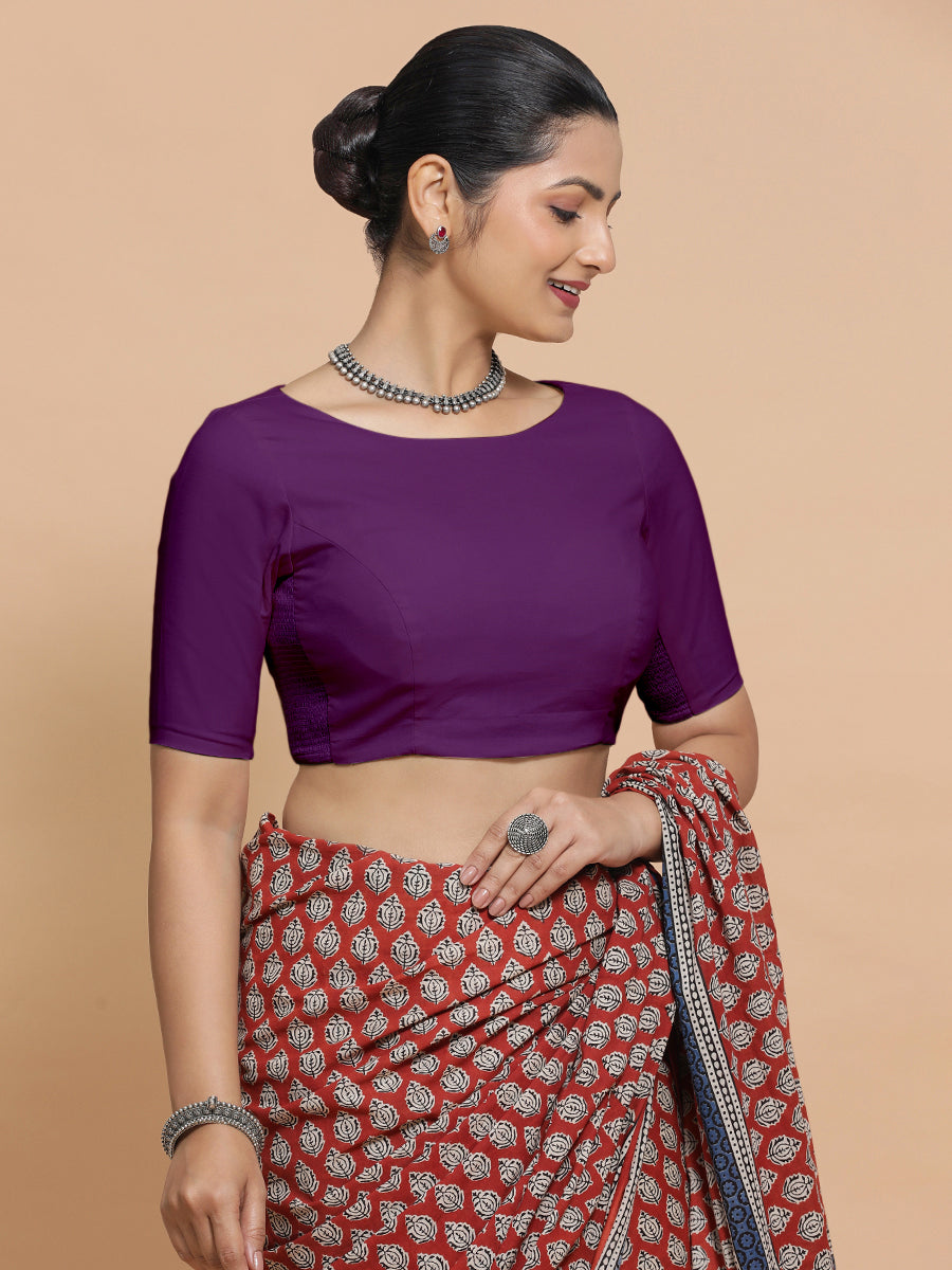 Kumud x Rozaana Saree Blouse, in Purple Cotton, featuring elbow sleeves and boat neckline, made for daily & work (view 8).