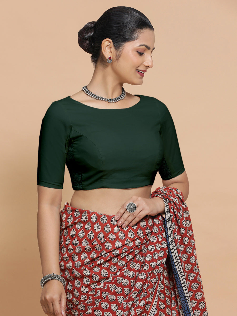Kumud x Rozaana Saree Blouse, in Green Cotton, featuring elbow sleeves and boat neckline, made for daily & work.