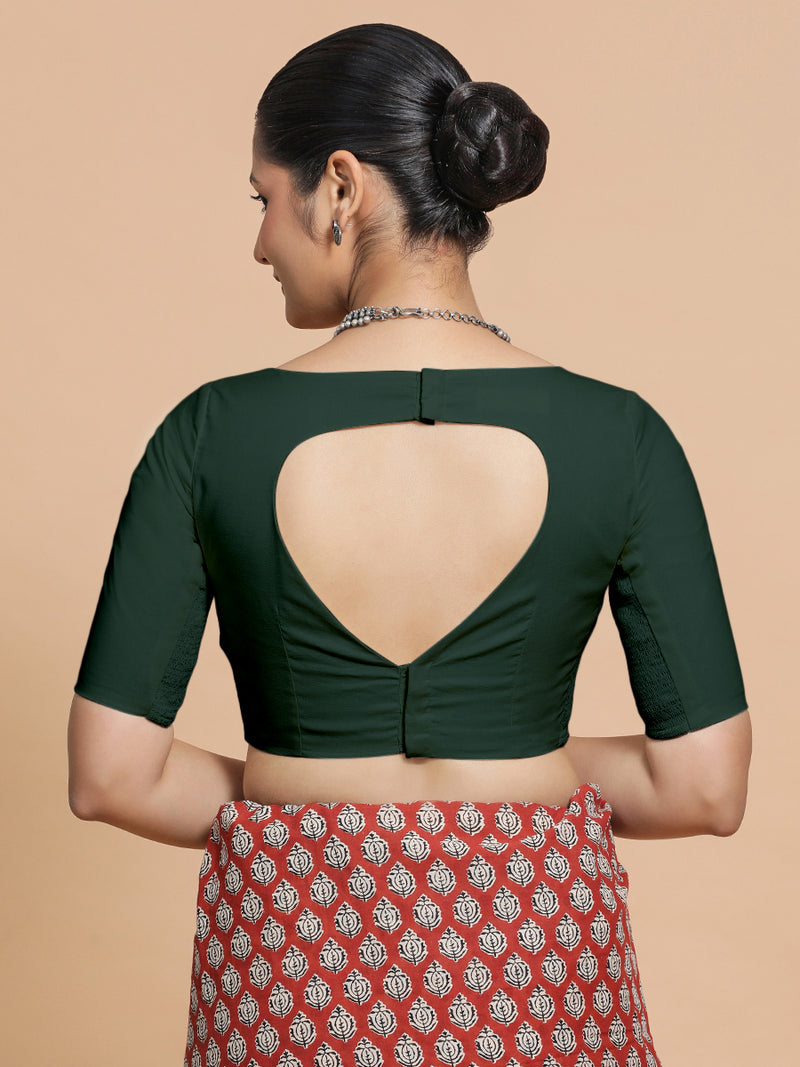 Kumud x Rozaana | Boat Neck Moss Green Plain Cotton Saree Blouse-Binks