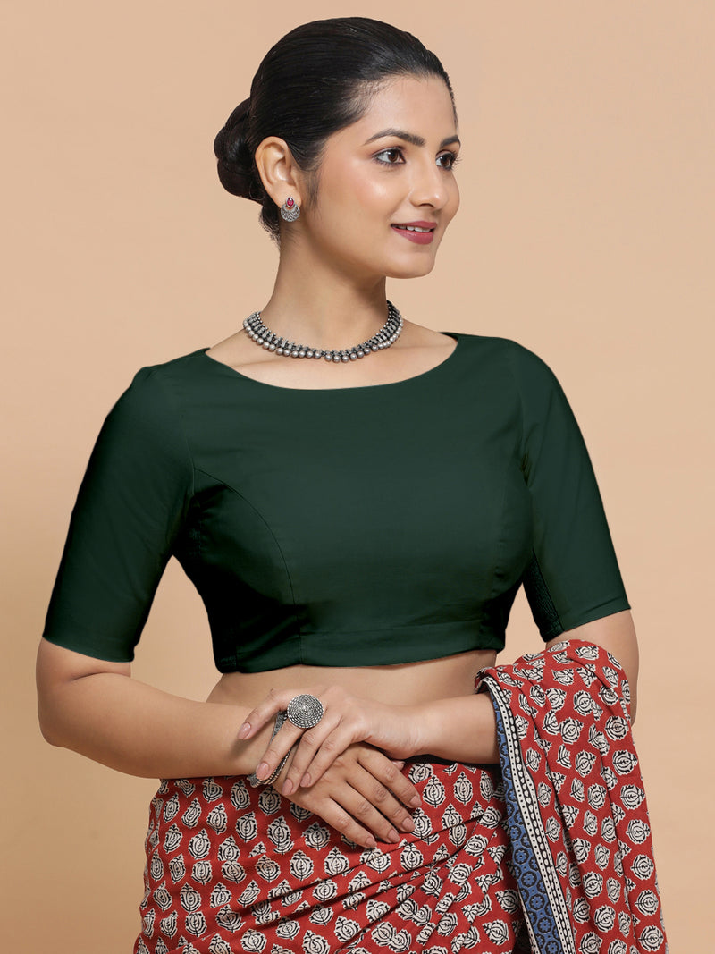 Kumud x Rozaana | Boat Neck Moss Green Plain Cotton Saree Blouse-Binks
