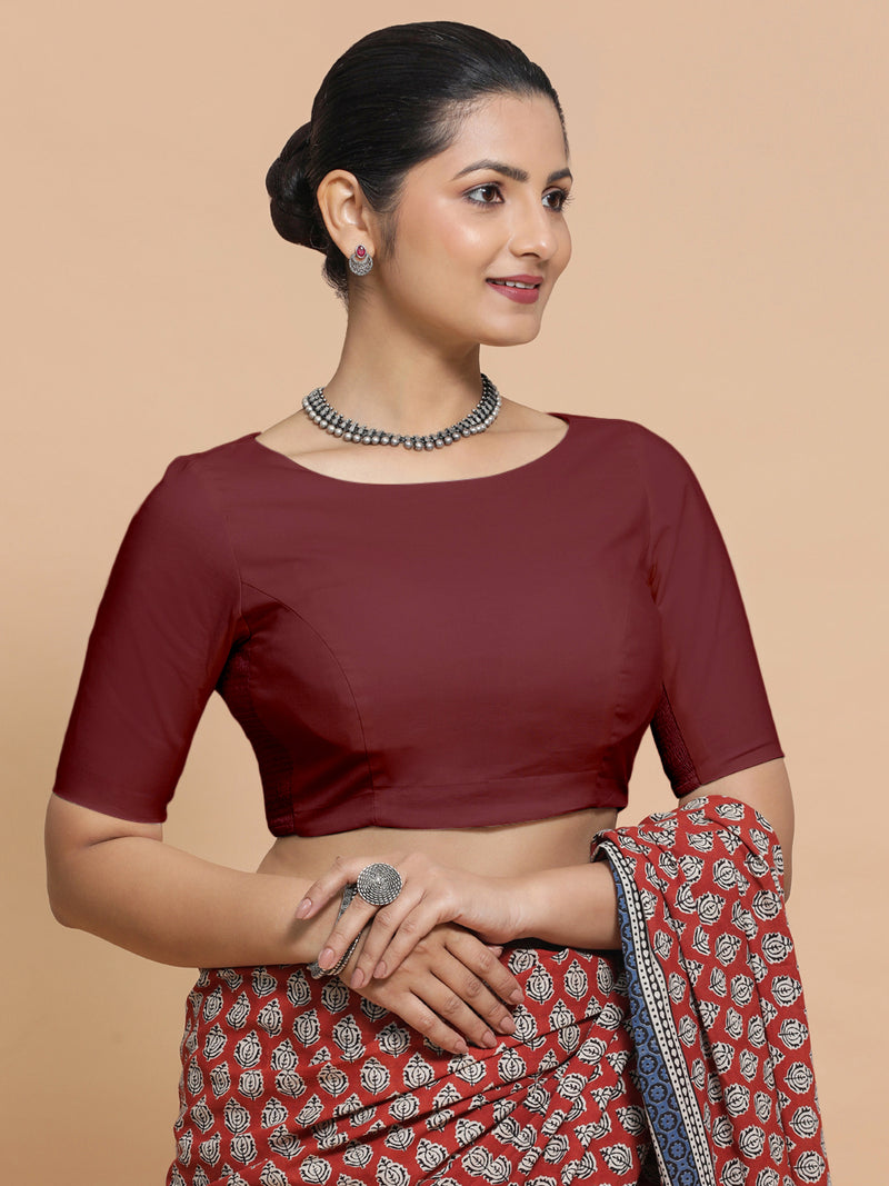 Kumud x Rozaana | Boat Neck Royal Maroon Plain Cotton Saree Blouse-Binks