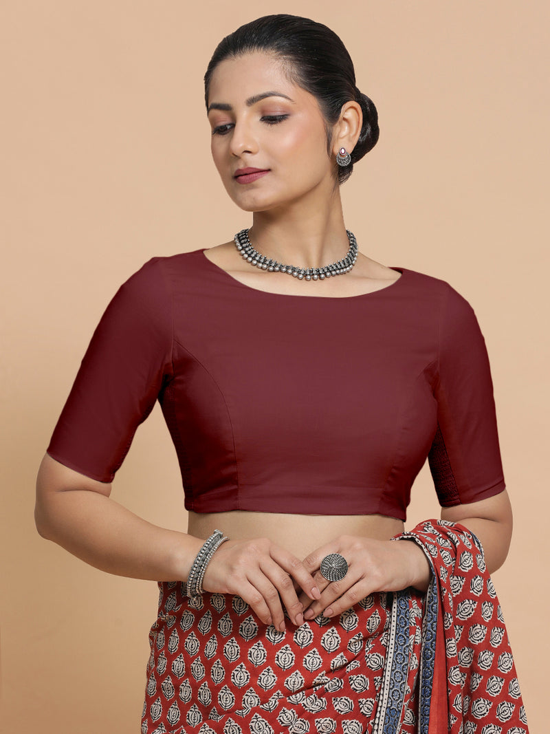 Kumud x Rozaana | Boat Neck Royal Maroon Plain Cotton Saree Blouse-Binks