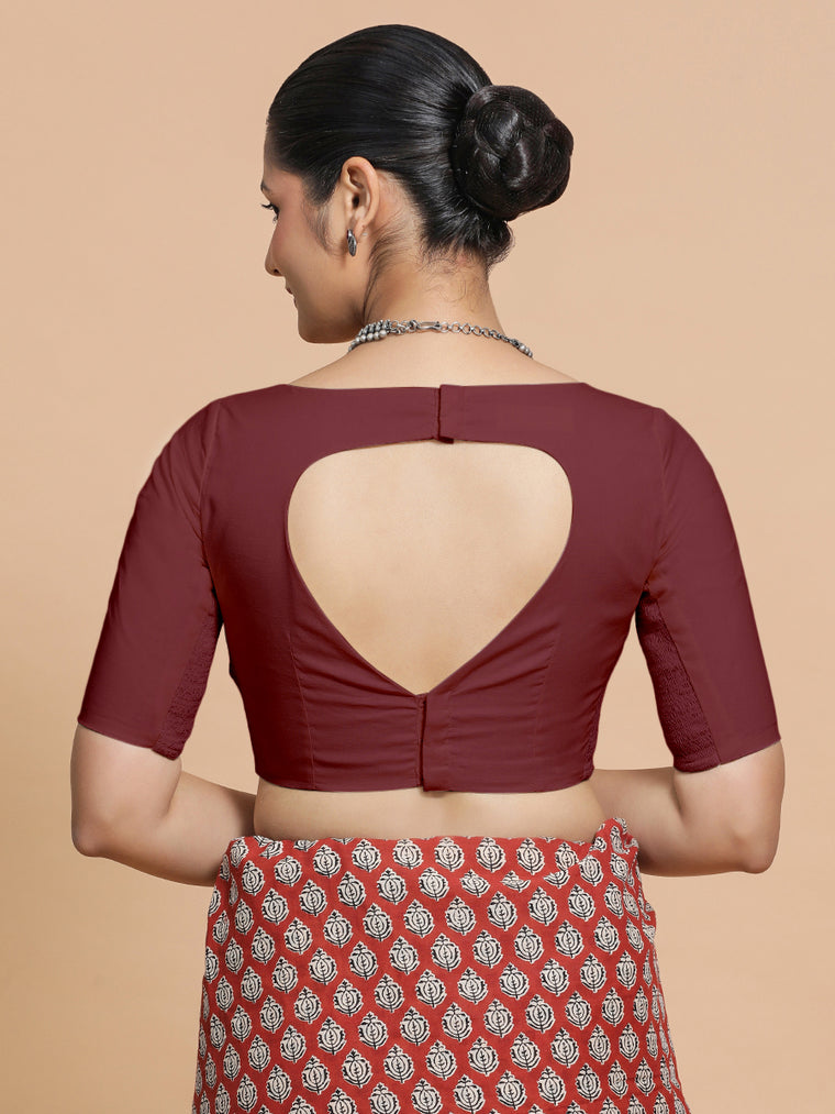 Kumud x Rozaana Saree Blouse, in Maroon Cotton, featuring elbow sleeves and boat neckline, made for daily & work (view 2).