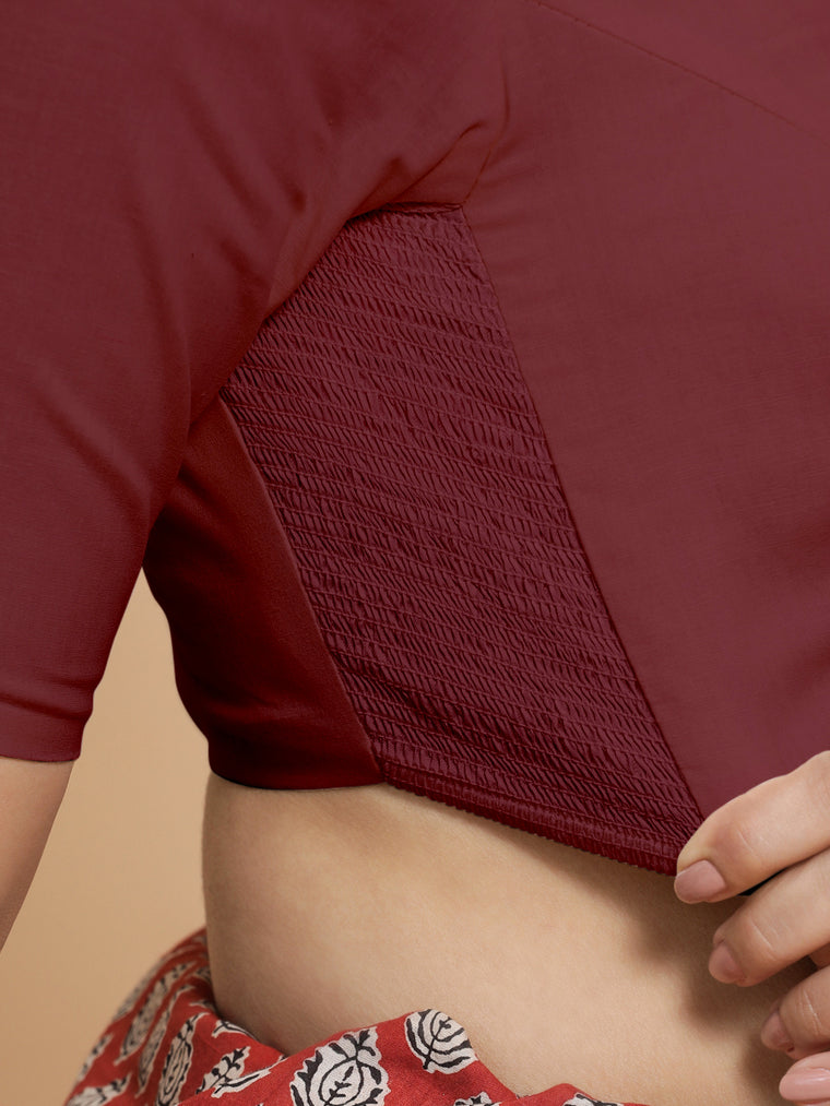 Kumud x Rozaana Saree Blouse, in Maroon Cotton, featuring elbow sleeves and boat neckline, made for daily & work (view 3).