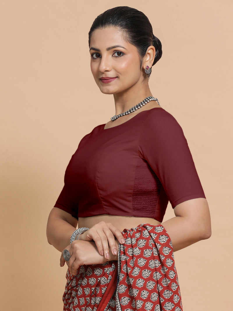 Kumud x Rozaana | Boat Neck Royal Maroon Plain Cotton Saree Blouse-Binks