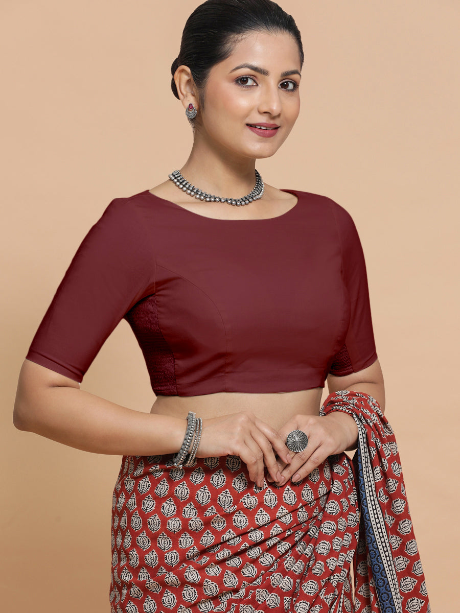 Kumud x Rozaana Saree Blouse, in Maroon Cotton, featuring elbow sleeves and boat neckline, made for daily & work (view 8).