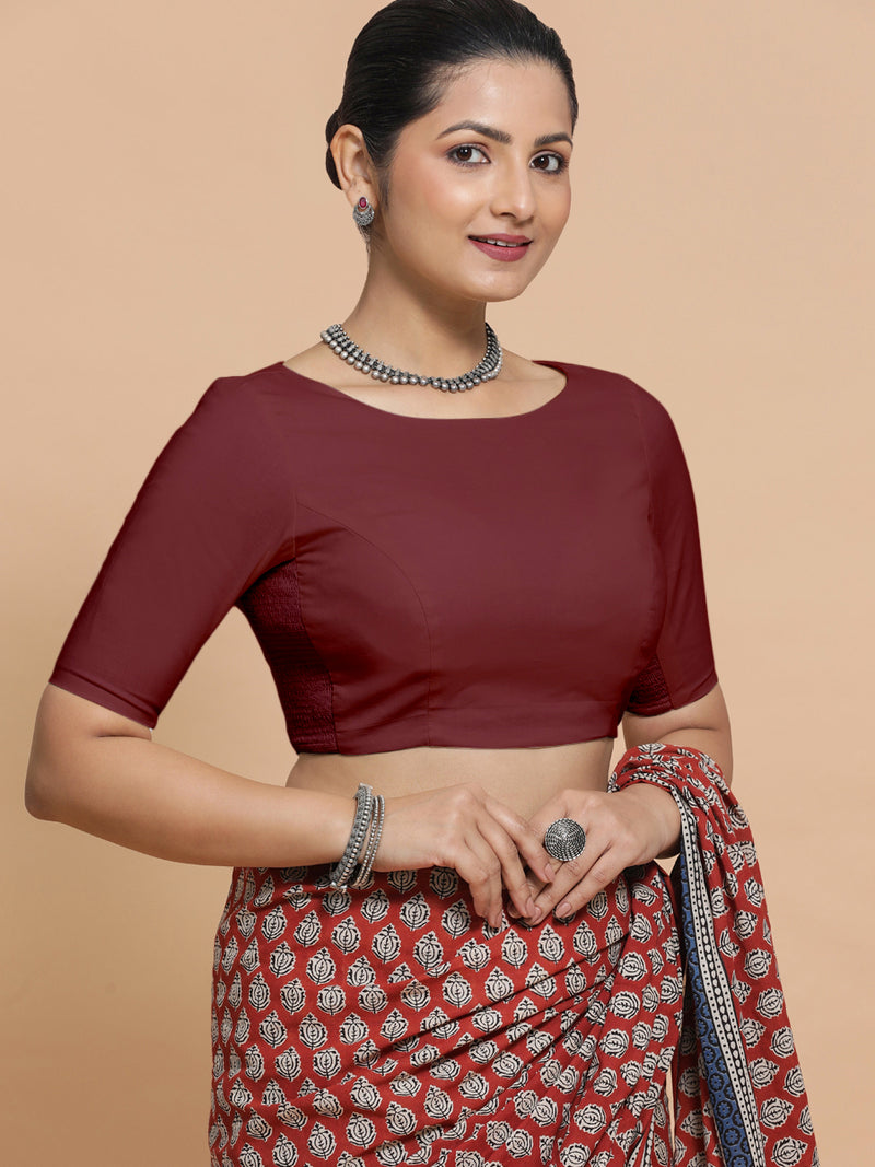 Kumud x Rozaana | Boat Neck Royal Maroon Plain Cotton Saree Blouse-Binks