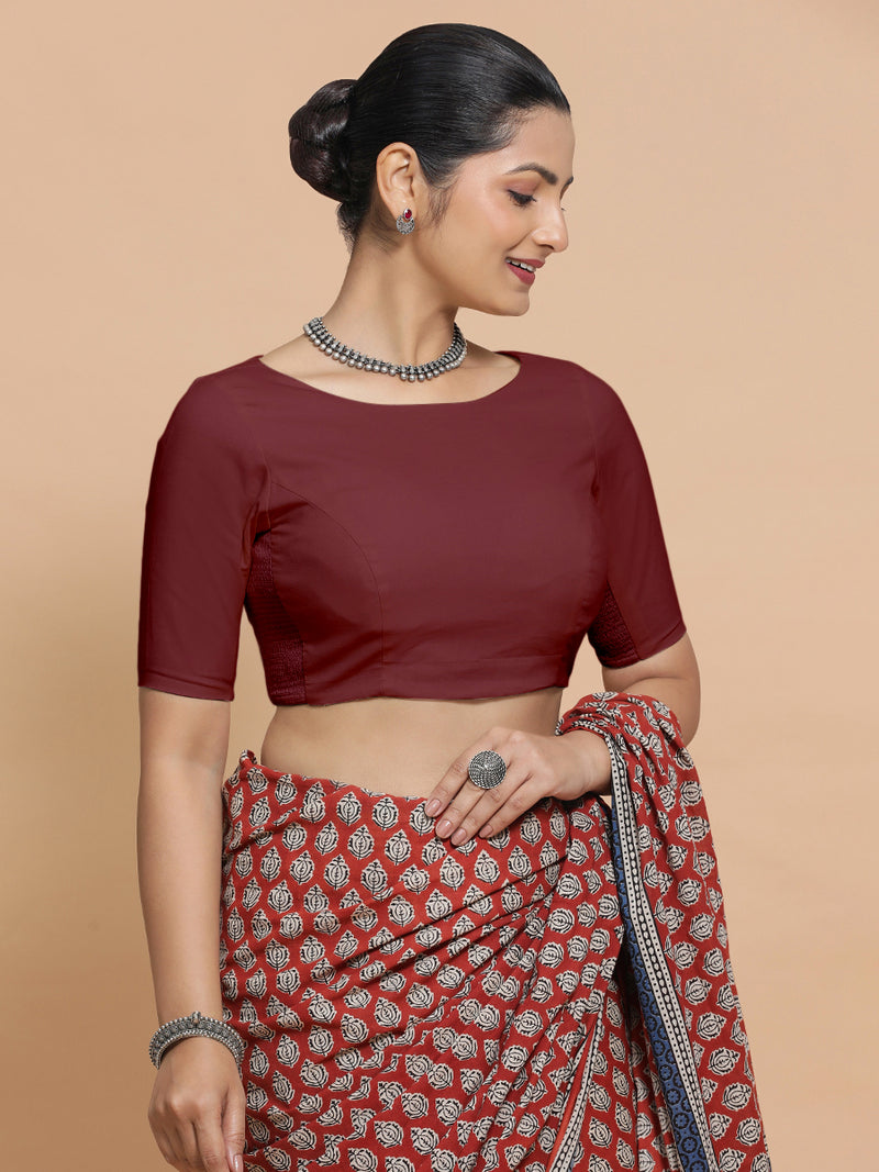 Kumud x Rozaana | Boat Neck Royal Maroon Plain Cotton Saree Blouse-Binks