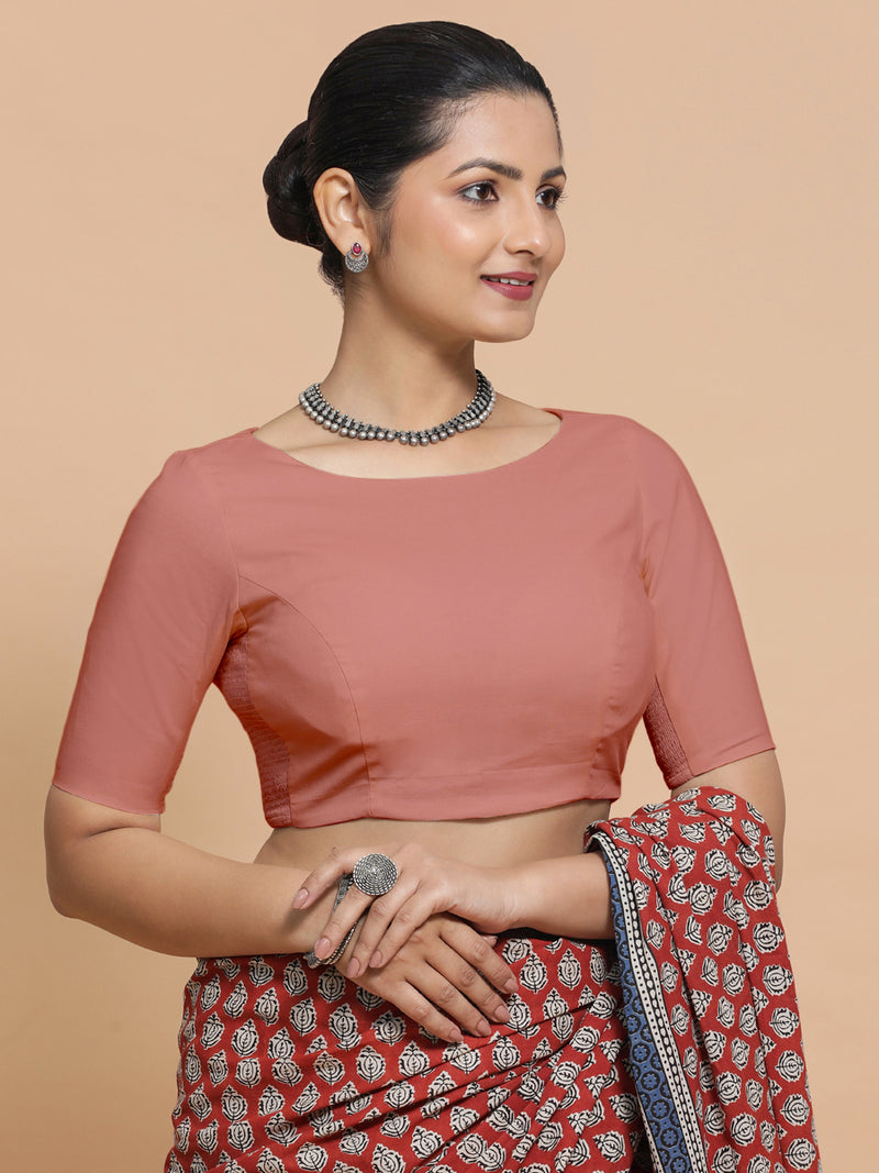 Kumud x Rozaana | Boat Neck Soft Peach Plain Cotton Saree Blouse-Binks