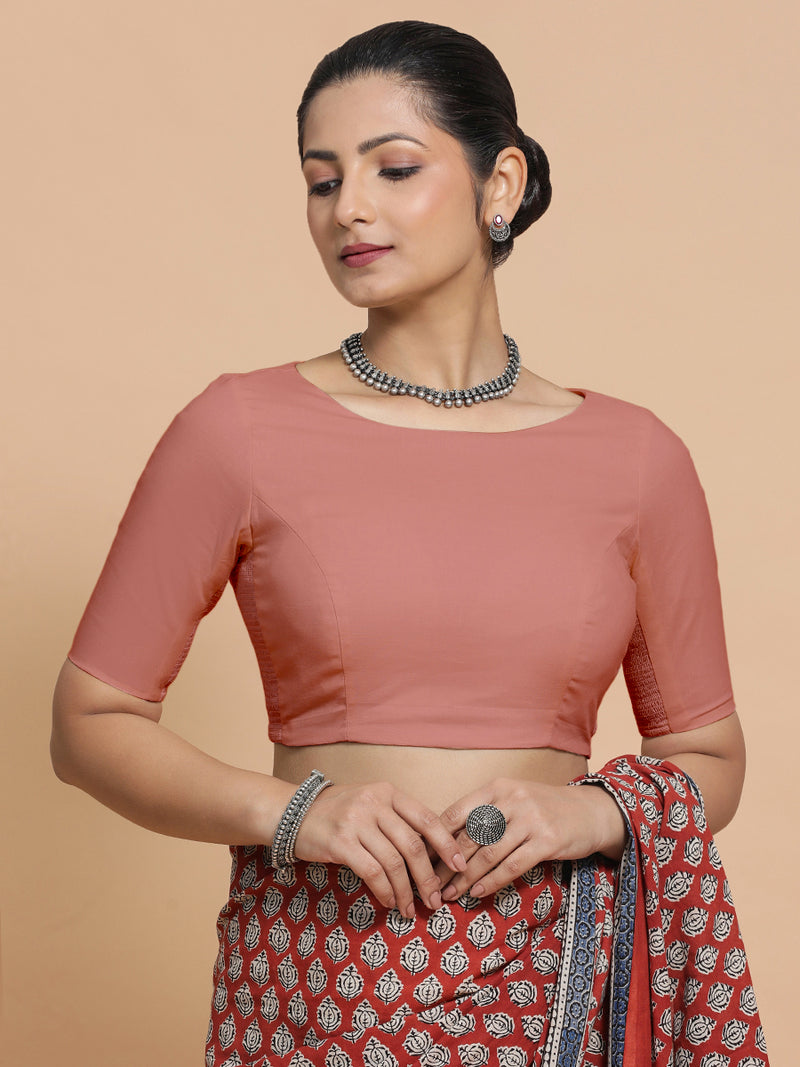 Kumud x Rozaana | Boat Neck Soft Peach Plain Cotton Saree Blouse-Binks