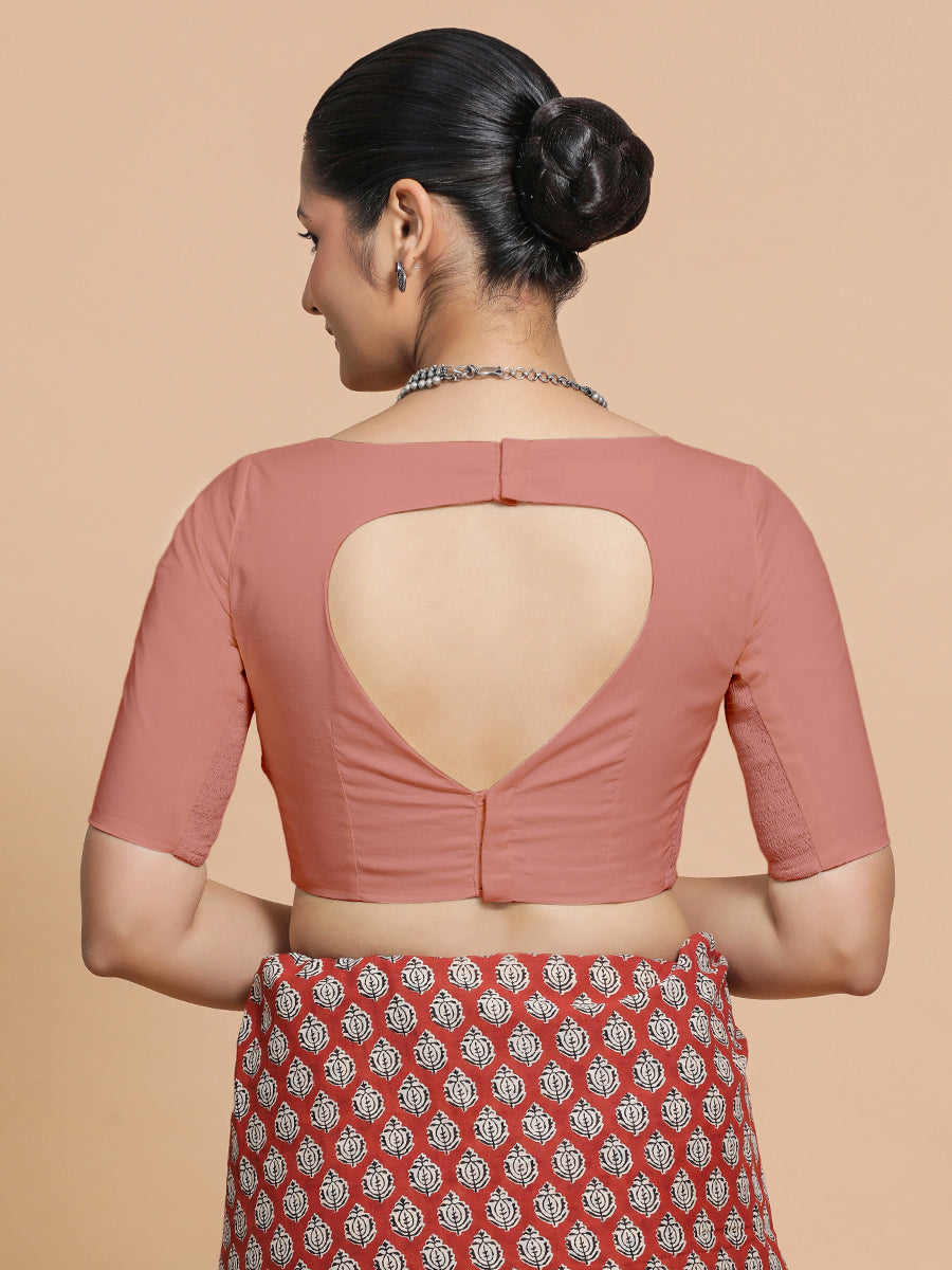Kumud x Rozaana Saree Blouse, in Peach Cotton, featuring elbow sleeves and boat neckline, made for daily & work (view 2).