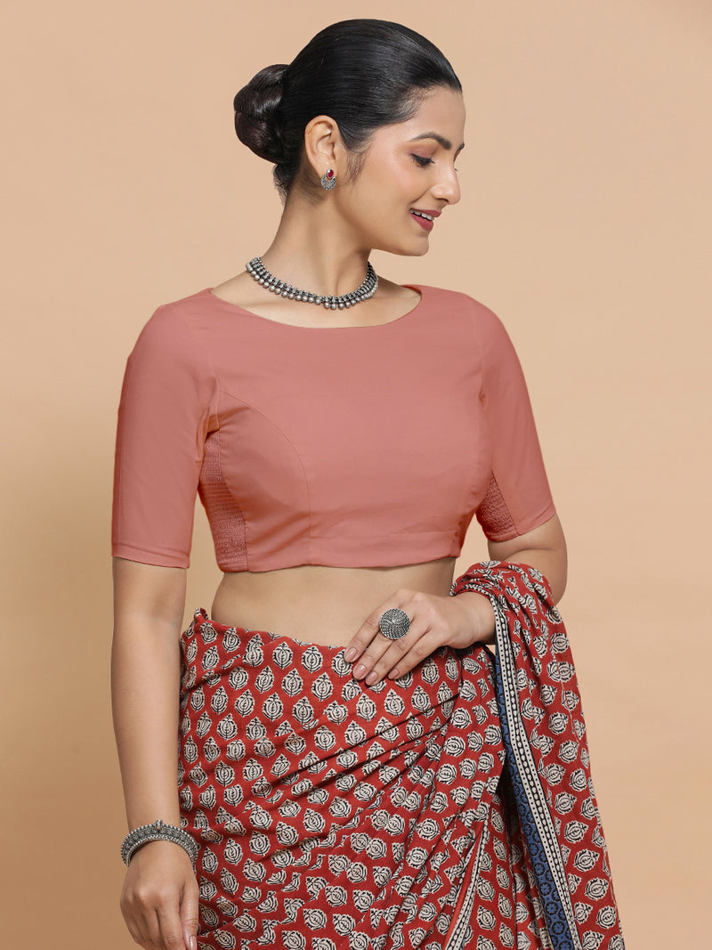 Kumud x Rozaana | Boat Neck Soft Peach Plain Cotton Saree Blouse-Binks