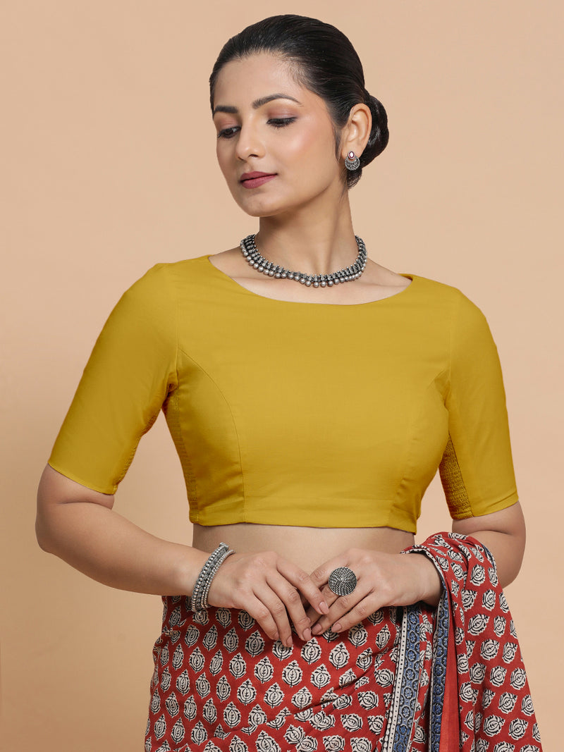 Kumud x Rozaana | Boat Neck Sunny Yellow Plain Cotton Saree Blouse-Binks