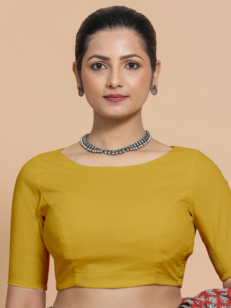 Kumud x Rozaana | Boat Neck Sunny Yellow Plain Cotton Saree Blouse-Binks