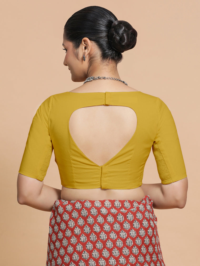 Kumud x Rozaana Saree Blouse, in Yellow Cotton, featuring elbow sleeves and boat neckline, made for daily & work (view 2).