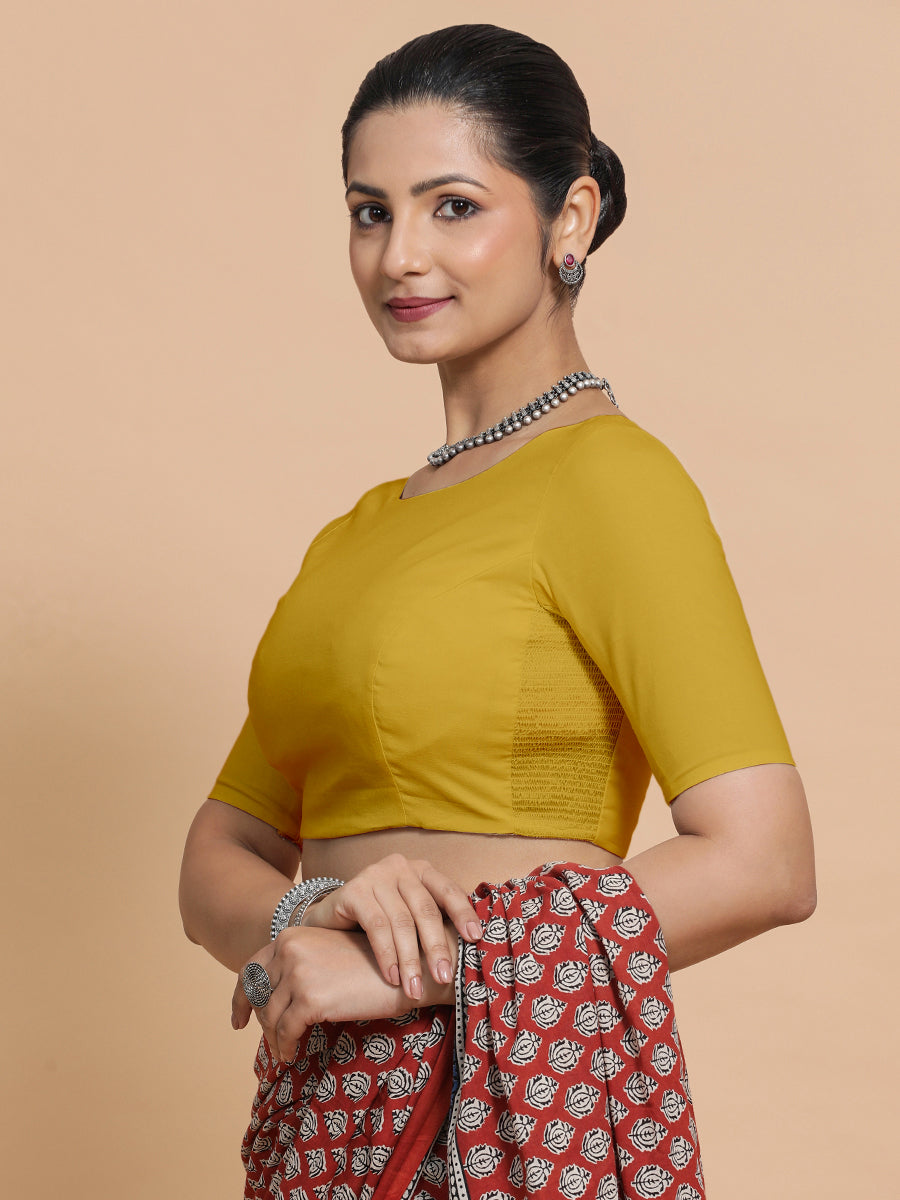 Kumud x Rozaana Saree Blouse, in Yellow Cotton, featuring elbow sleeves and boat neckline, made for daily & work (view 6).