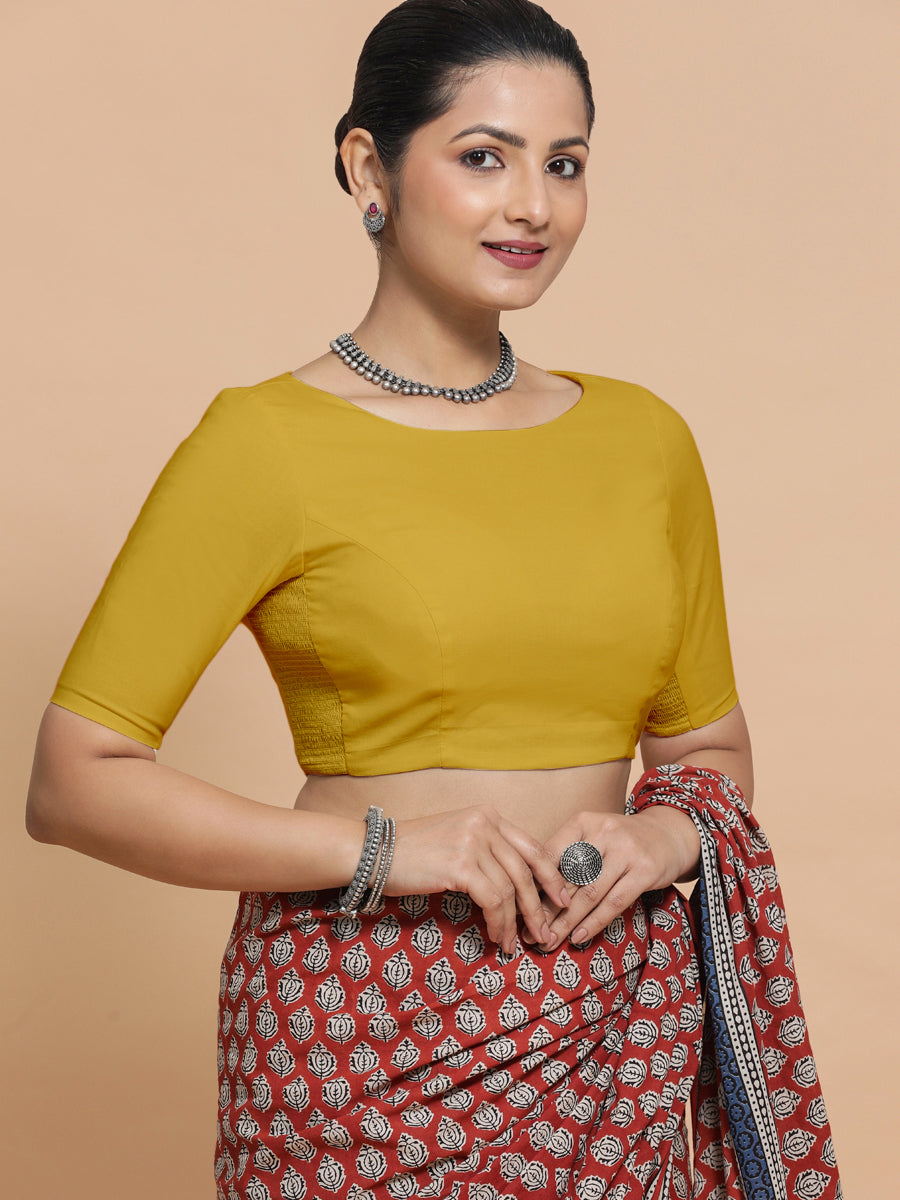 Kumud x Rozaana Saree Blouse, in Yellow Cotton, featuring elbow sleeves and boat neckline, made for daily & work (view 7).