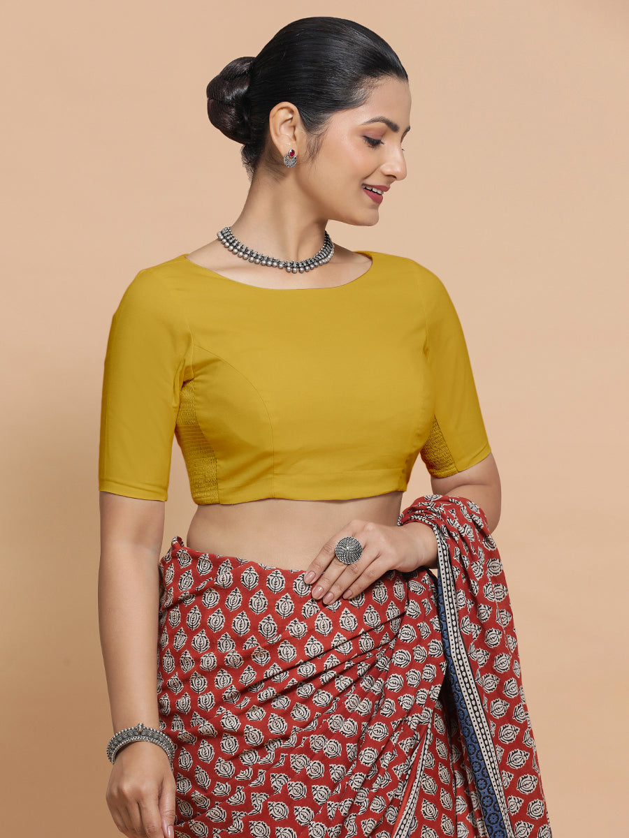 Kumud x Rozaana Saree Blouse, in Yellow Cotton, featuring elbow sleeves and boat neckline, made for daily & work (view 8).