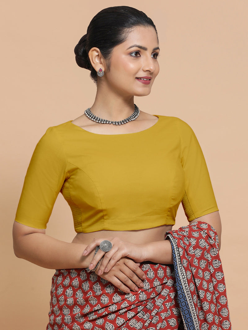 Kumud x Rozaana | Boat Neck Sunny Yellow Plain Cotton Saree Blouse-Binks