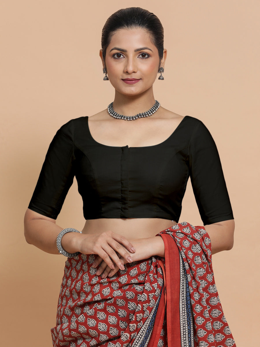 Lahari x Rozaana | Round Neck Black Plain Cotton Saree Blouse