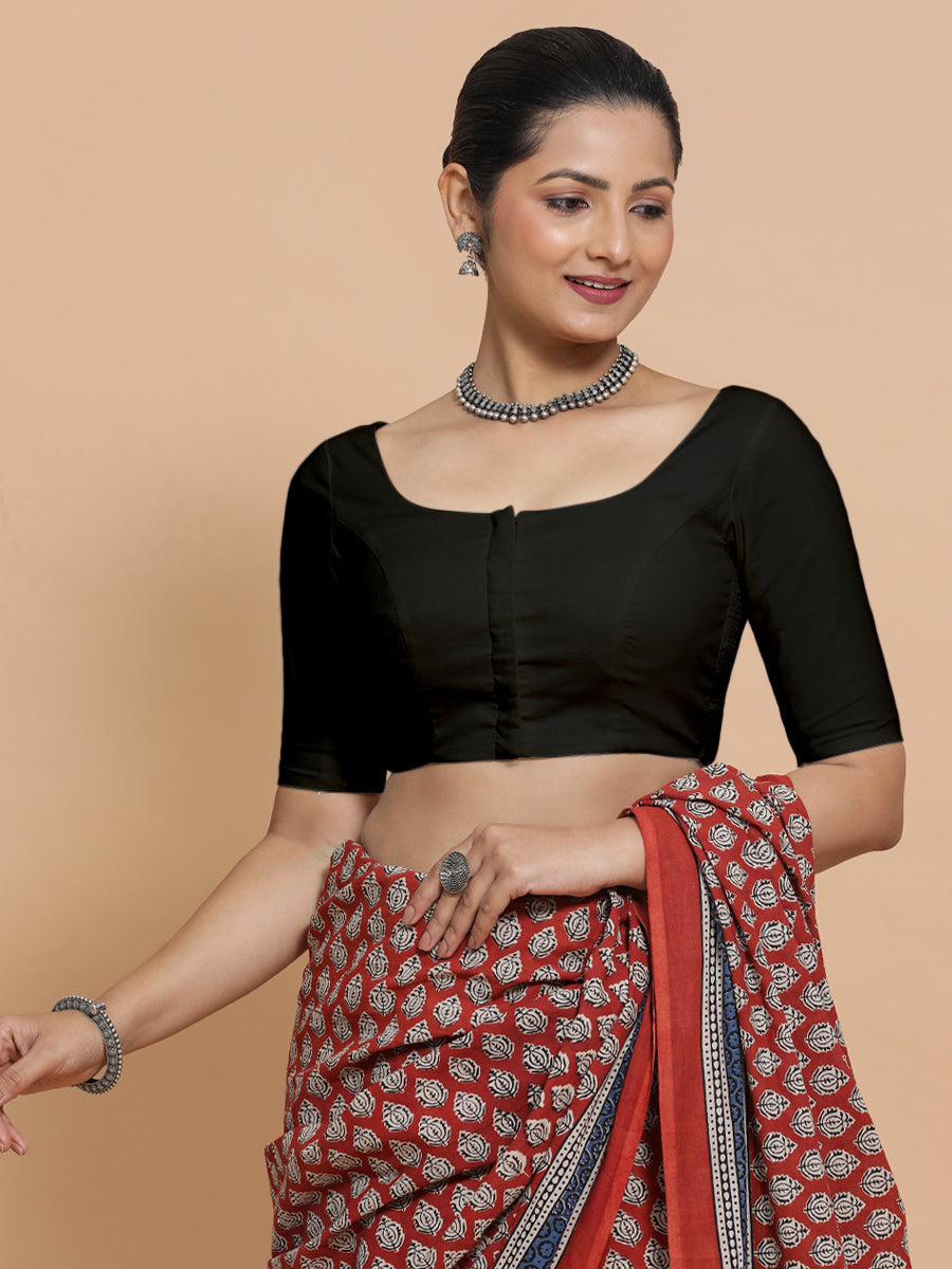 Lahari x Rozaana Saree Blouse, in Black Cotton, featuring elbow sleeves and round neckline, made for daily & work (view 5).
