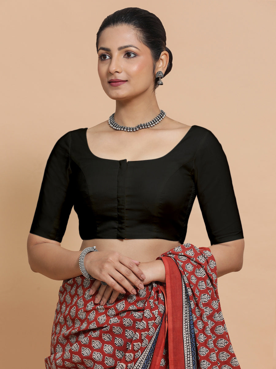 Lahari x Rozaana Saree Blouse, in Black Cotton, featuring elbow sleeves and round neckline, made for daily & work (view 6).
