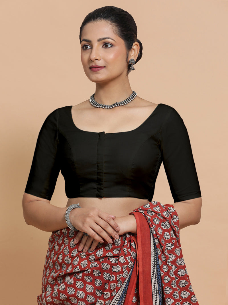 Lahari x Rozaana | Round Neck Black Plain Cotton Saree Blouse-Binks