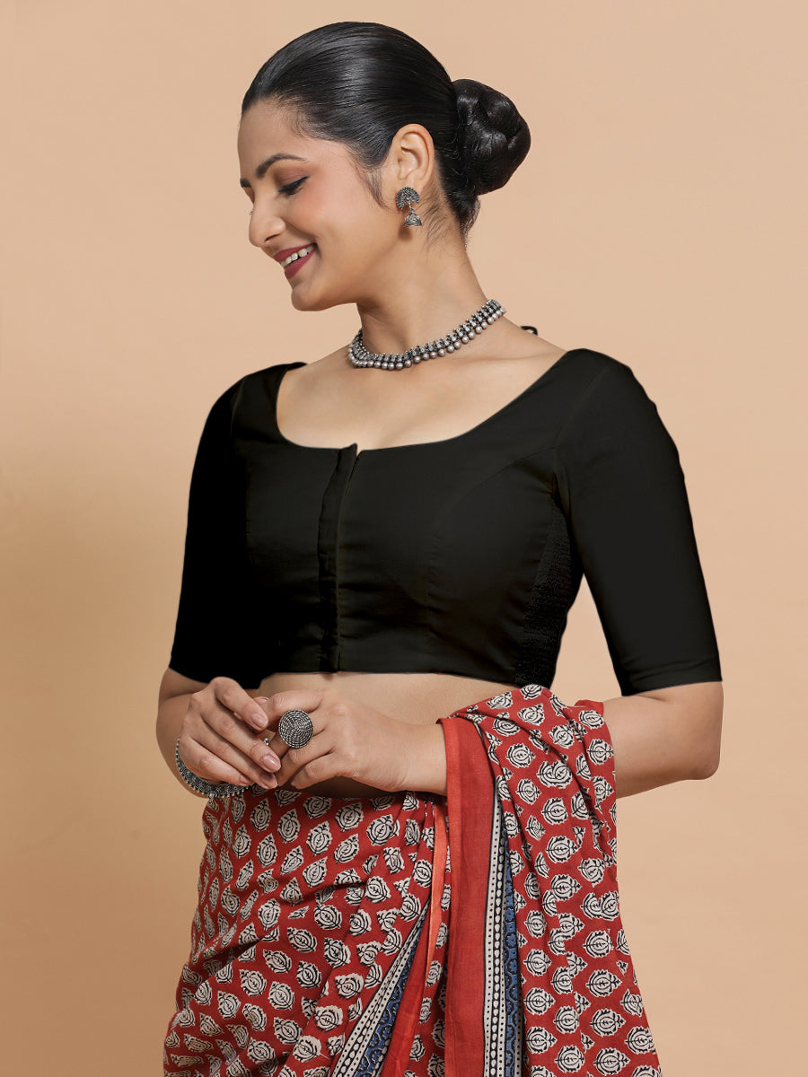 Lahari x Rozaana Saree Blouse, in Black Cotton, featuring elbow sleeves and round neckline, made for daily & work (view 7).