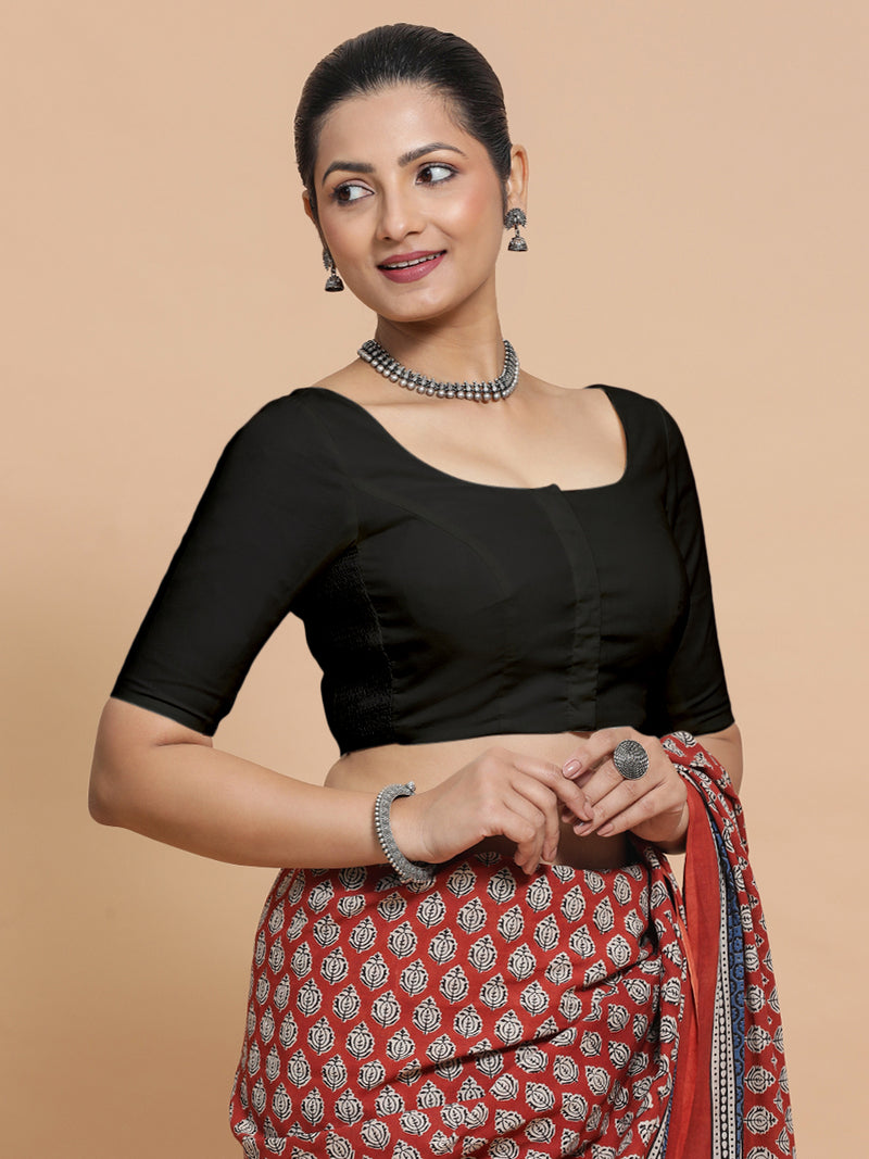 Lahari x Rozaana | Round Neck Black Plain Cotton Saree Blouse-Binks