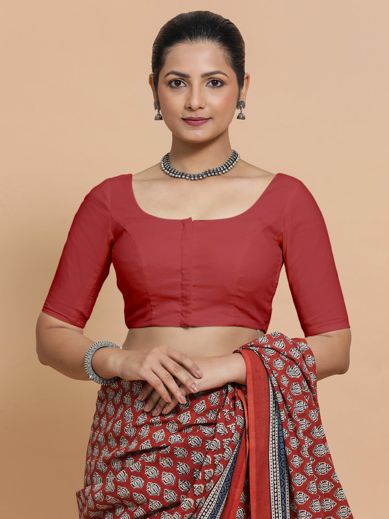 Lahari x Rozaana | Elbow Sleeves Saree Blouse in Carmine Red Plain Cotton-Binks