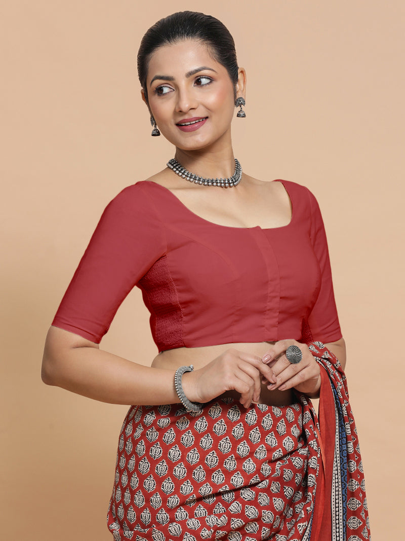 Lahari x Rozaana | Elbow Sleeves Saree Blouse in Carmine Red Plain Cotton-Binks