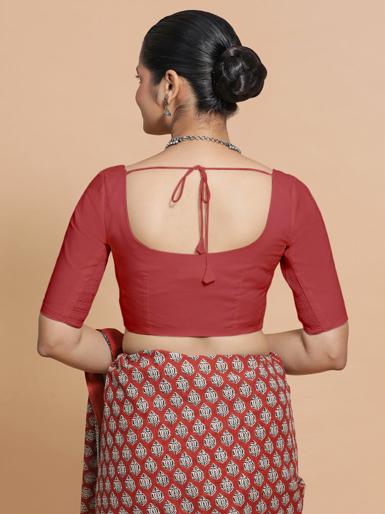 Lahari x Rozaana Saree Blouse, in Red 100% Cotton - Solid, featuring elbow sleeves and round neckline, made for daily & work.
