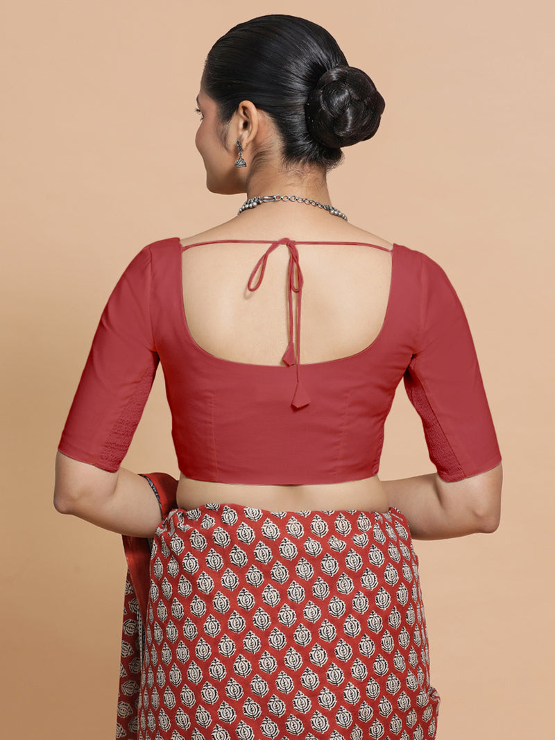 Lahari x Rozaana | Elbow Sleeves Saree Blouse in Carmine Red Plain Cotton-Binks