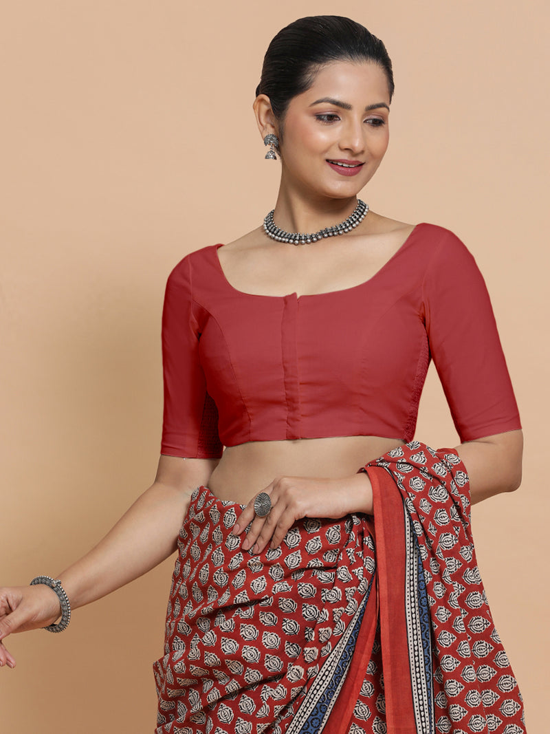 Lahari x Rozaana | Elbow Sleeves Saree Blouse in Carmine Red Plain Cotton-Binks