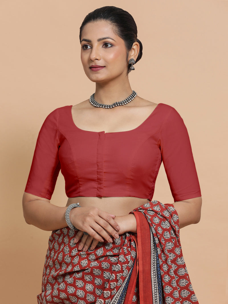 Lahari x Rozaana | Elbow Sleeves Saree Blouse in Carmine Red Plain Cotton-Binks