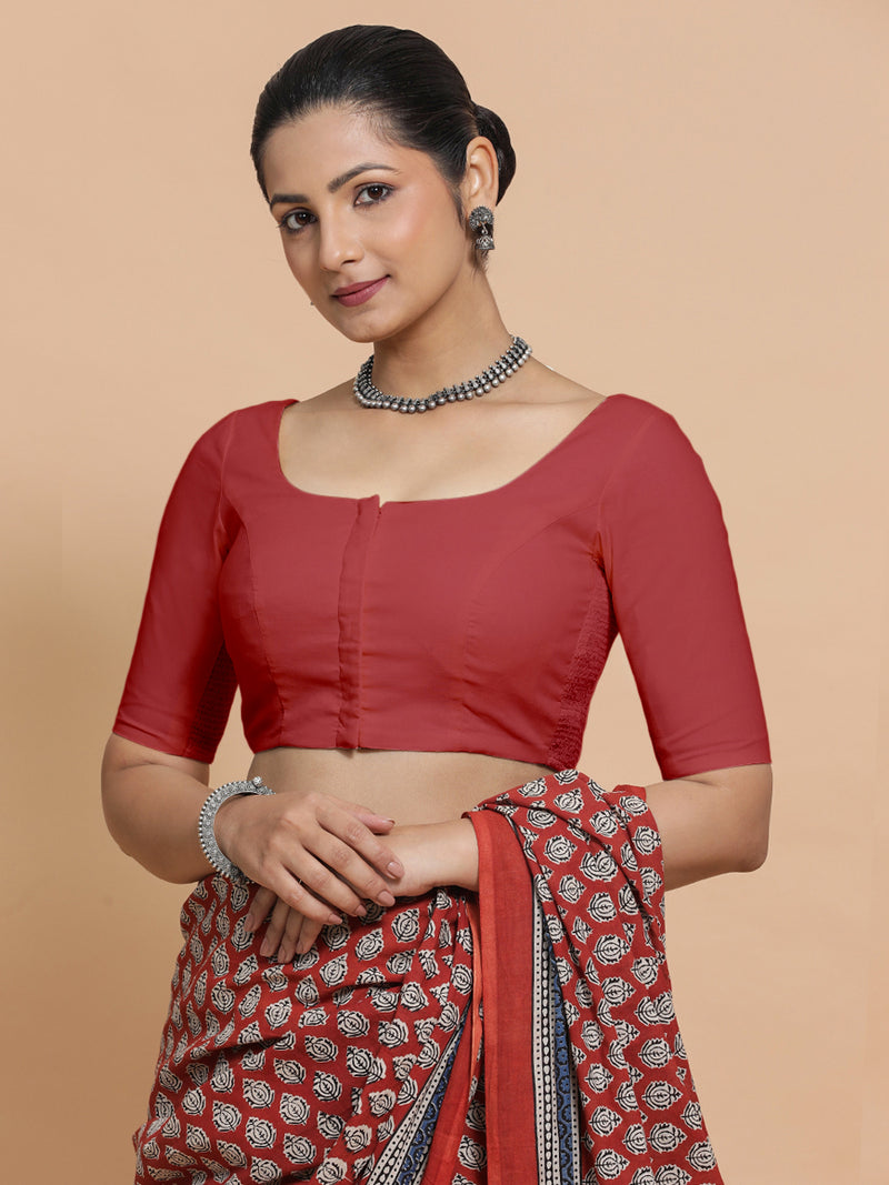 Lahari x Rozaana | Elbow Sleeves Saree Blouse in Carmine Red Plain Cotton-Binks