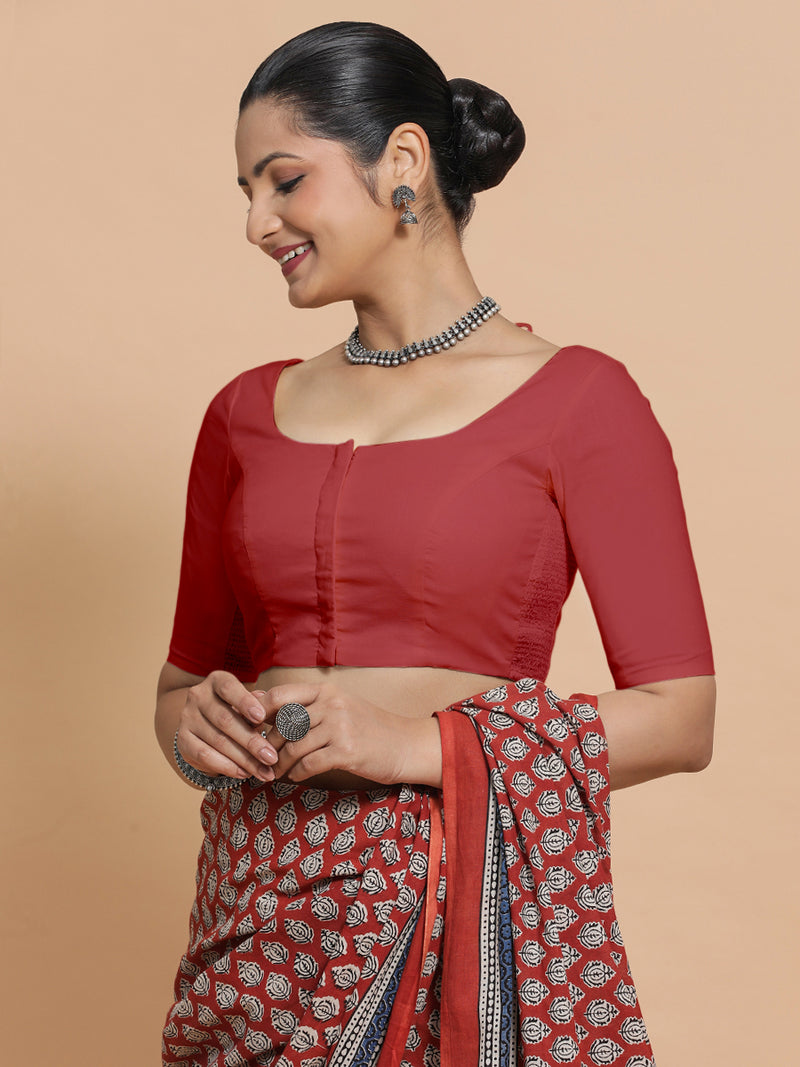 Lahari x Rozaana | Elbow Sleeves Saree Blouse in Carmine Red Plain Cotton-Binks