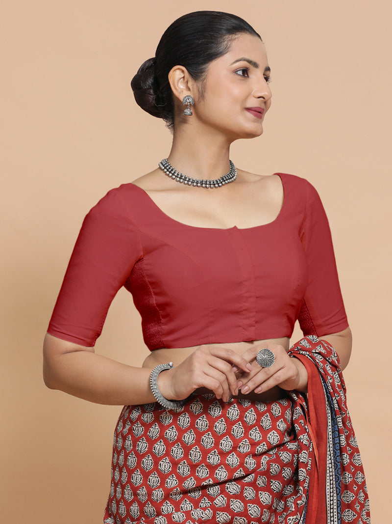 Lahari x Rozaana | Elbow Sleeves Saree Blouse in Carmine Red Plain Cotton-Binks