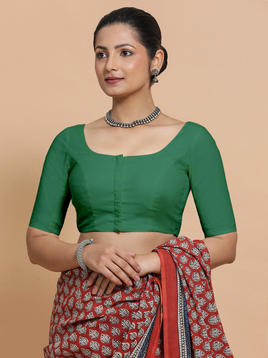Lahari x Rozaana Saree Blouse, in Green 100% Cotton - Solid, featuring elbow sleeves and round neckline.