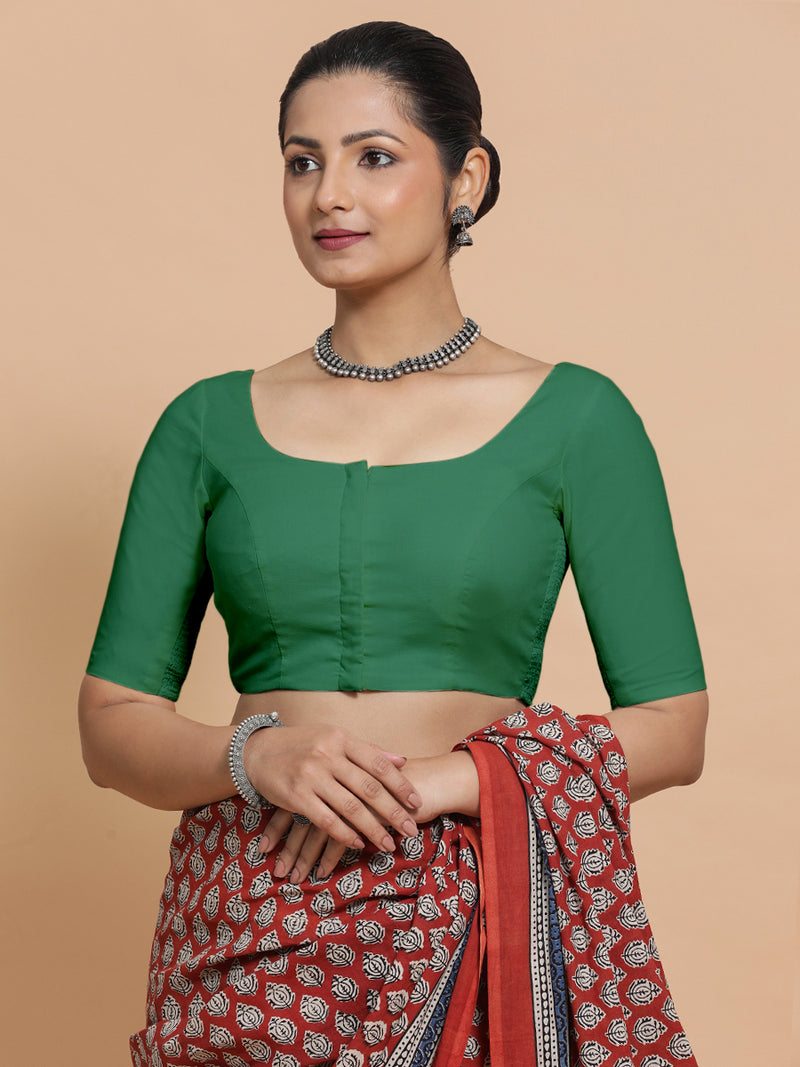 Lahari x Rozaana | Elbow Sleeves Saree Blouse in Castleton Green Plain Cotton-Binks