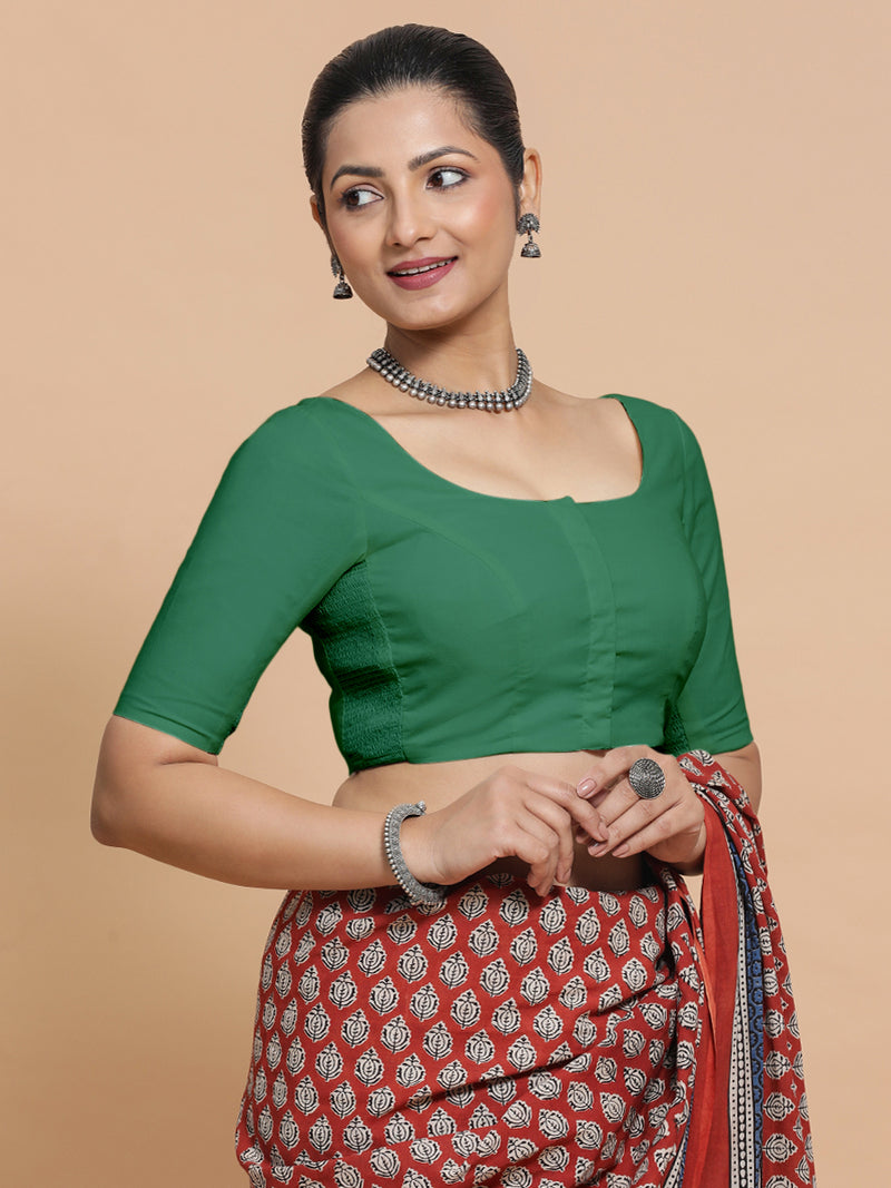 Lahari x Rozaana | Elbow Sleeves Saree Blouse in Castleton Green Plain Cotton-Binks