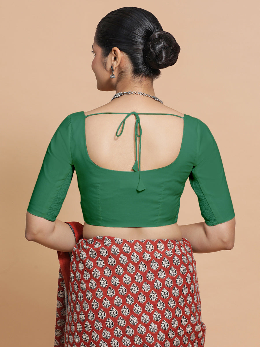 Lahari x Rozaana Saree Blouse, in Green 100% Cotton - Solid, featuring elbow sleeves and round neckline (view 2).