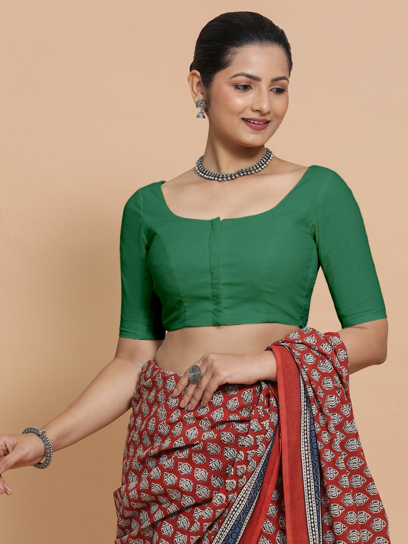 Lahari x Rozaana | Elbow Sleeves Saree Blouse in Castleton Green Plain Cotton-Binks