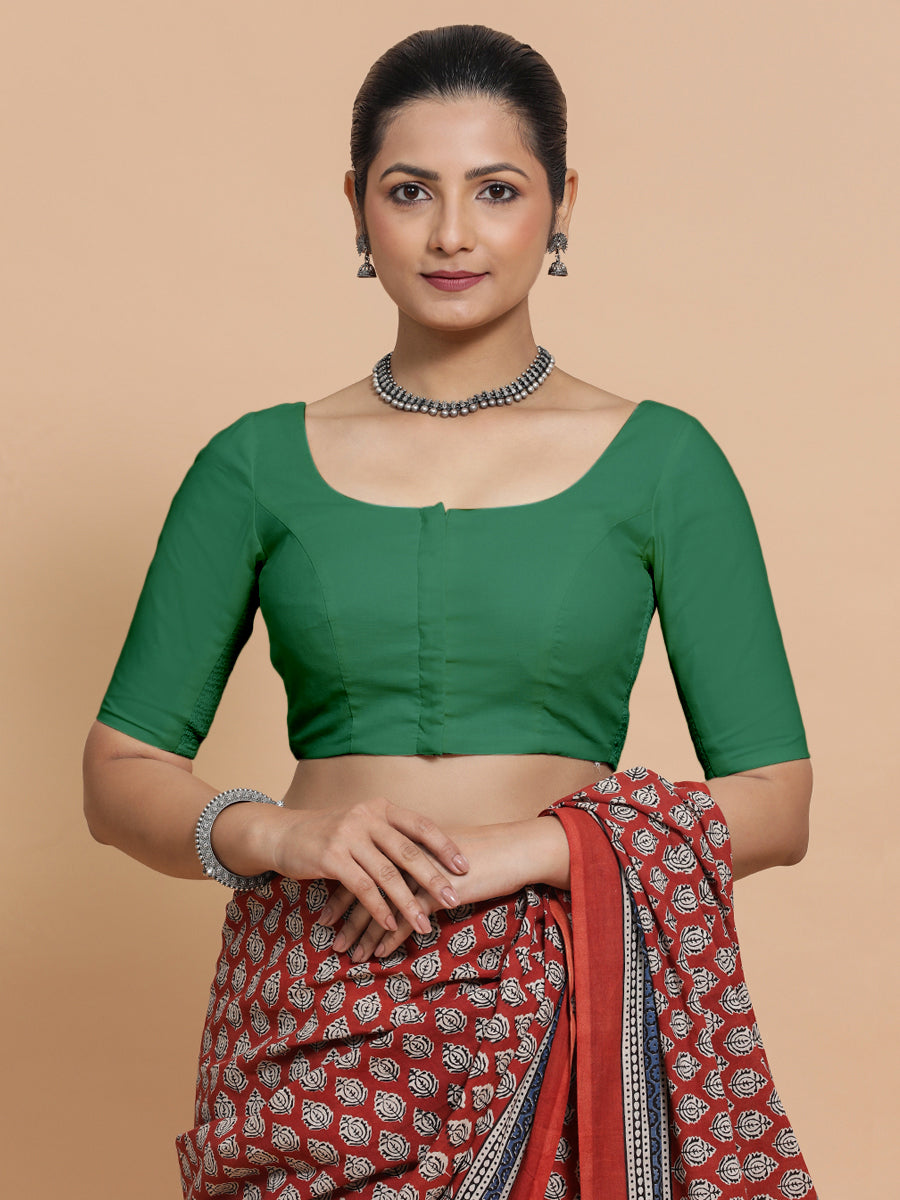 Lahari x Rozaana Saree Blouse, in Green 100% Cotton - Solid, featuring elbow sleeves and round neckline (view 6).