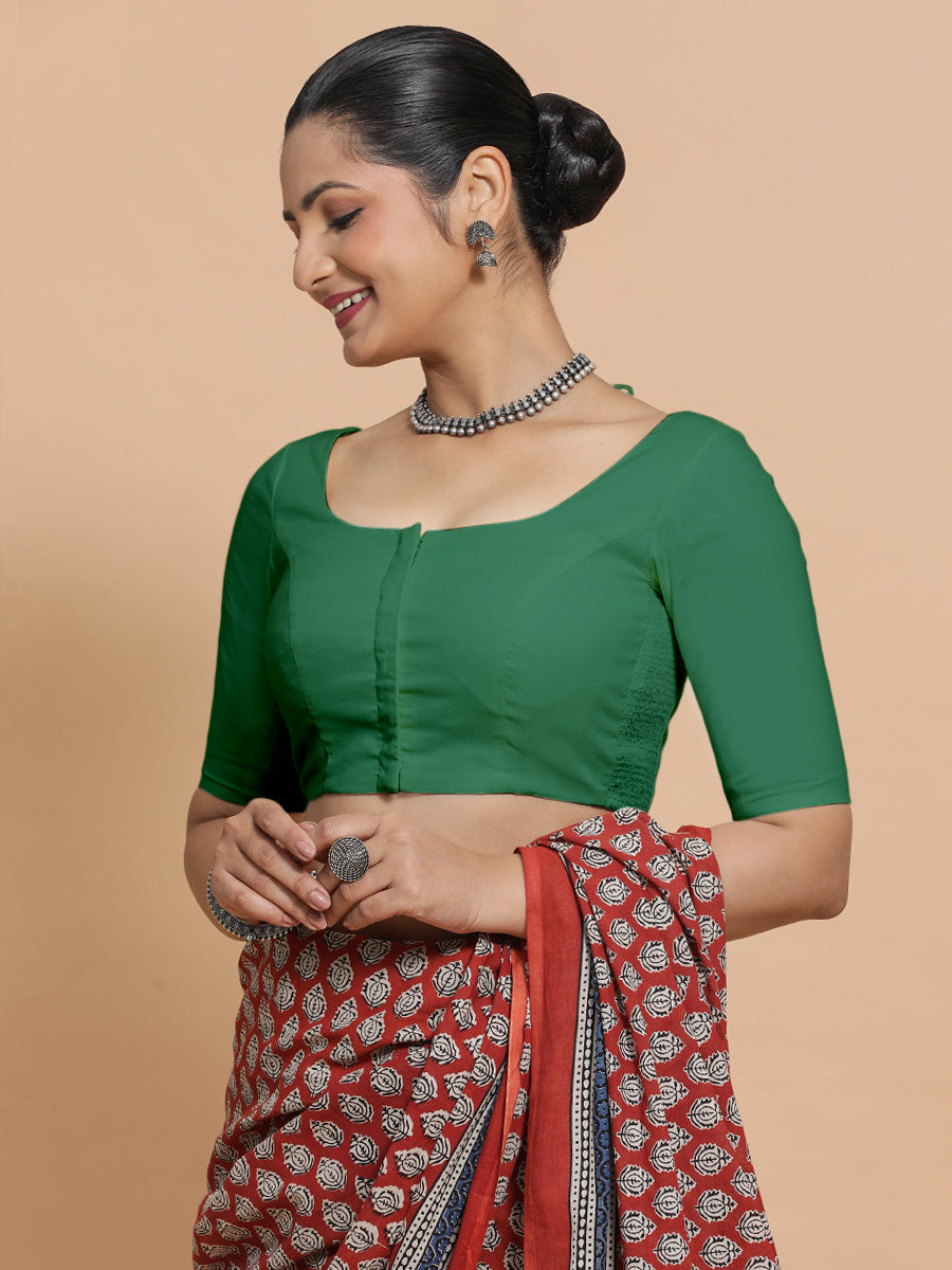 Lahari x Rozaana Saree Blouse, in Green 100% Cotton - Solid, featuring elbow sleeves and round neckline (view 8).